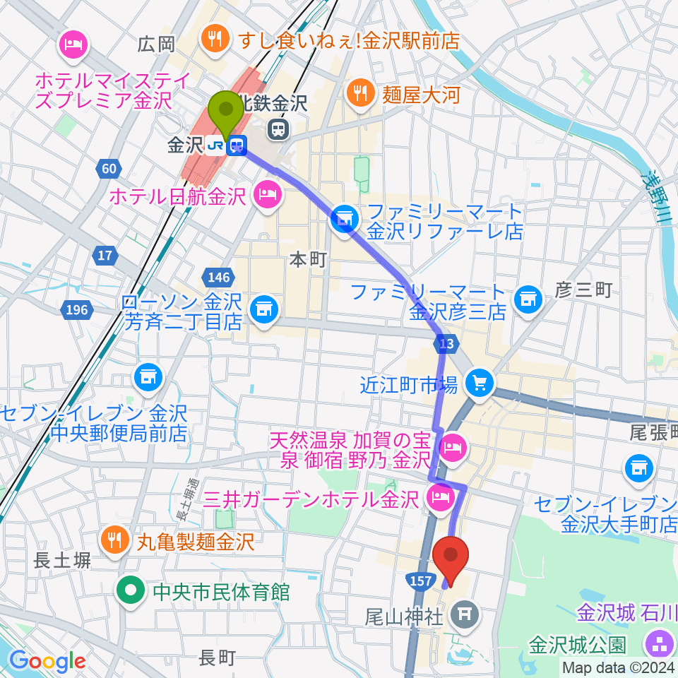 石川県文教会館の最寄駅金沢駅からの徒歩ルート（約23分）地図