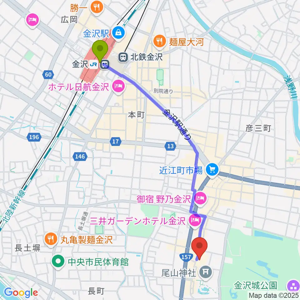 石川県文教会館の最寄駅金沢駅からの徒歩ルート（約23分）地図