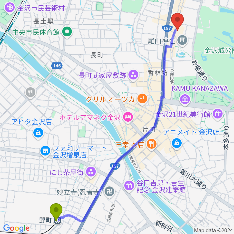 野町駅から石川県文教会館へのルートマップ地図