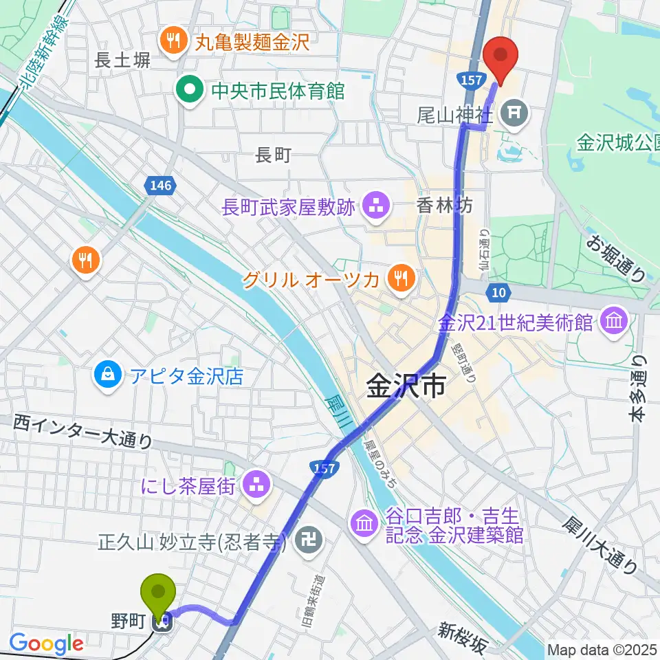 野町駅から石川県文教会館へのルートマップ地図