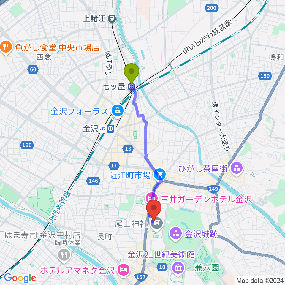 七ツ屋駅から石川県文教会館へのルートマップ地図