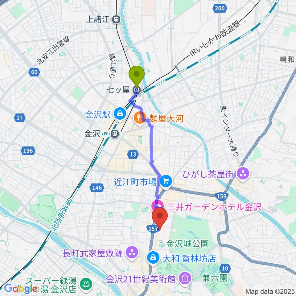 七ツ屋駅から石川県文教会館へのルートマップ地図