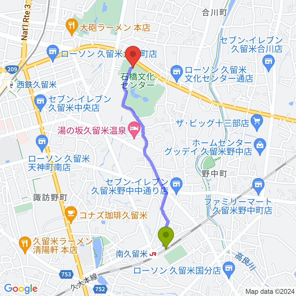 南久留米駅から石橋文化ホールへのルートマップ地図