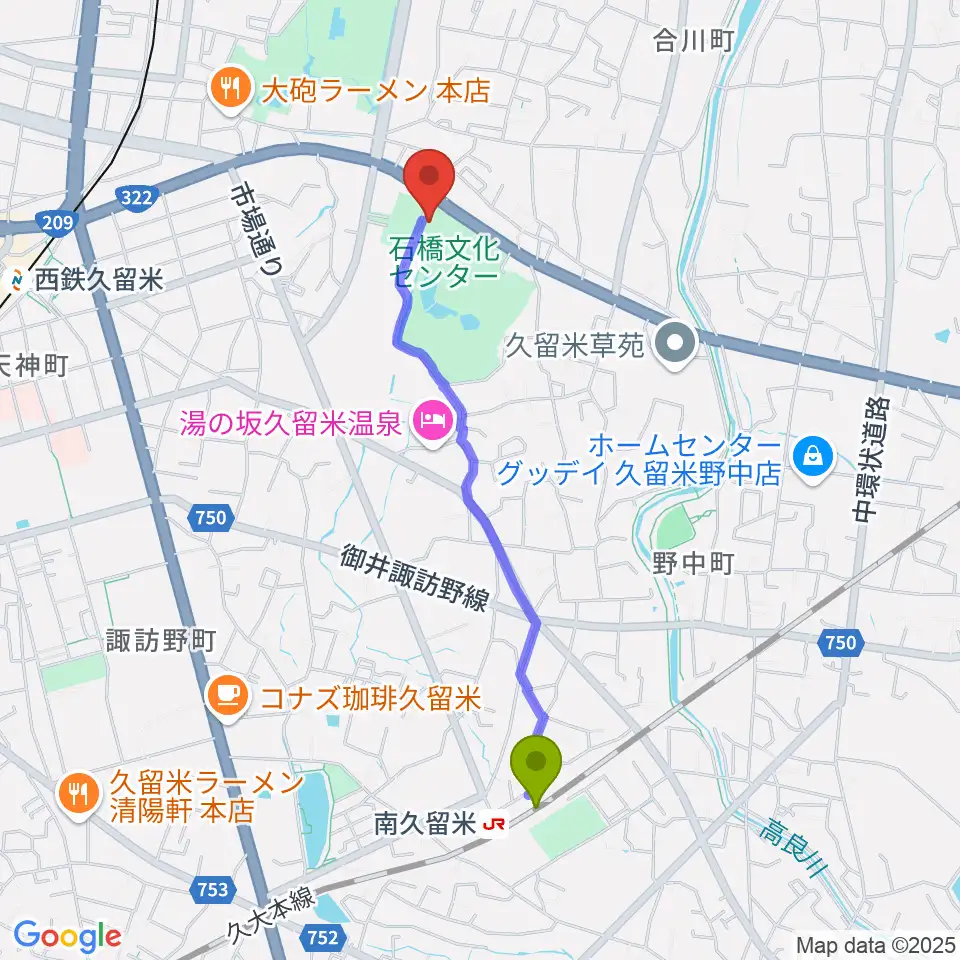 南久留米駅から石橋文化ホールへのルートマップ地図