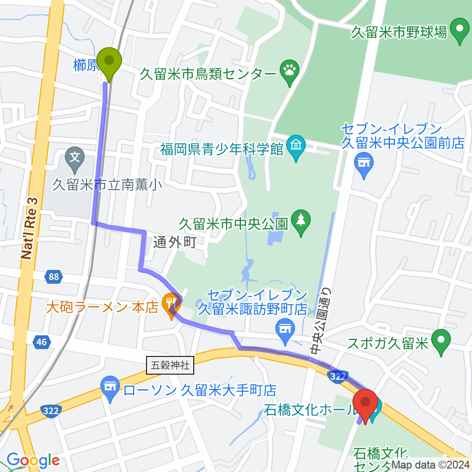 櫛原駅から石橋文化ホールへのルートマップ地図