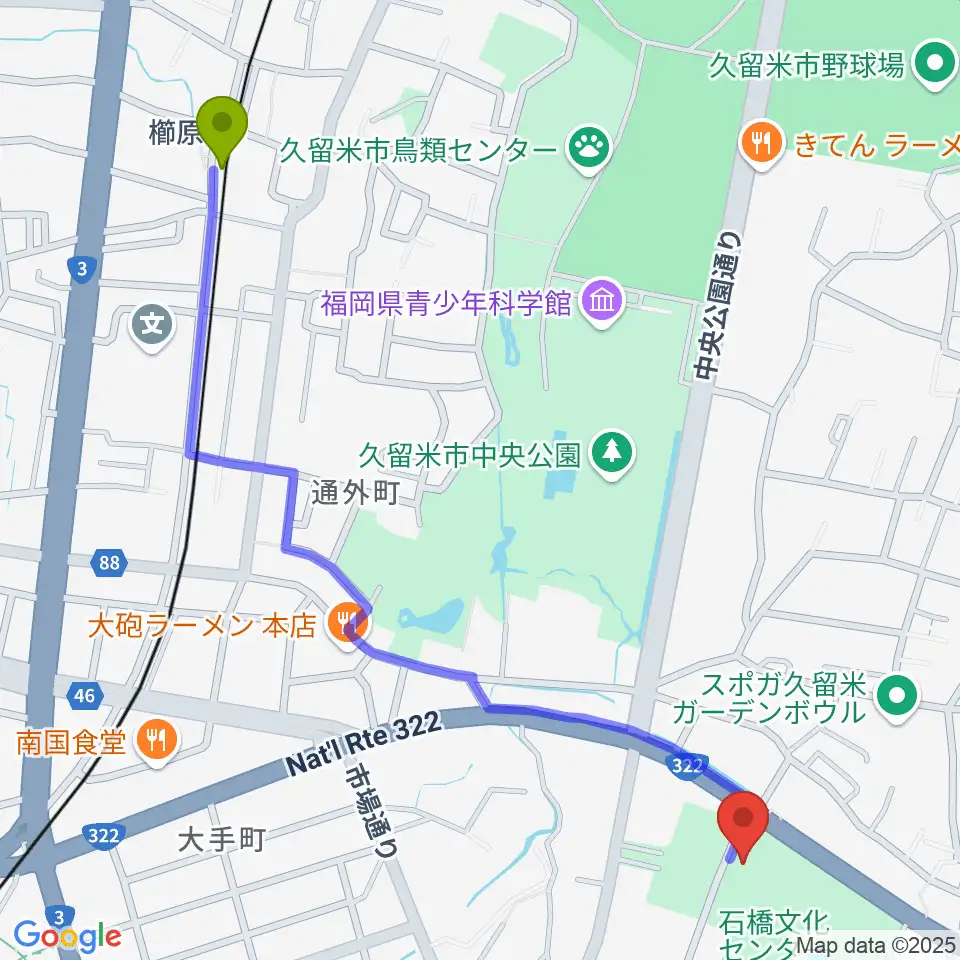 櫛原駅から石橋文化ホールへのルートマップ地図