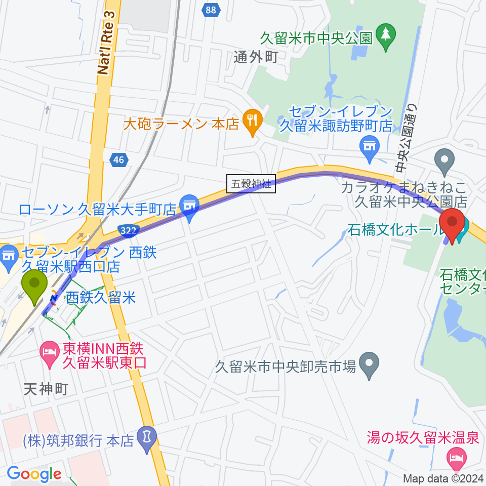 石橋文化ホールの最寄駅西鉄久留米駅からの徒歩ルート（約14分）地図
