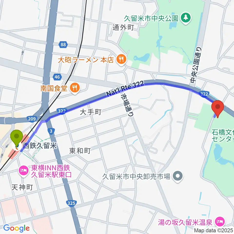 石橋文化ホールの最寄駅西鉄久留米駅からの徒歩ルート（約14分）地図