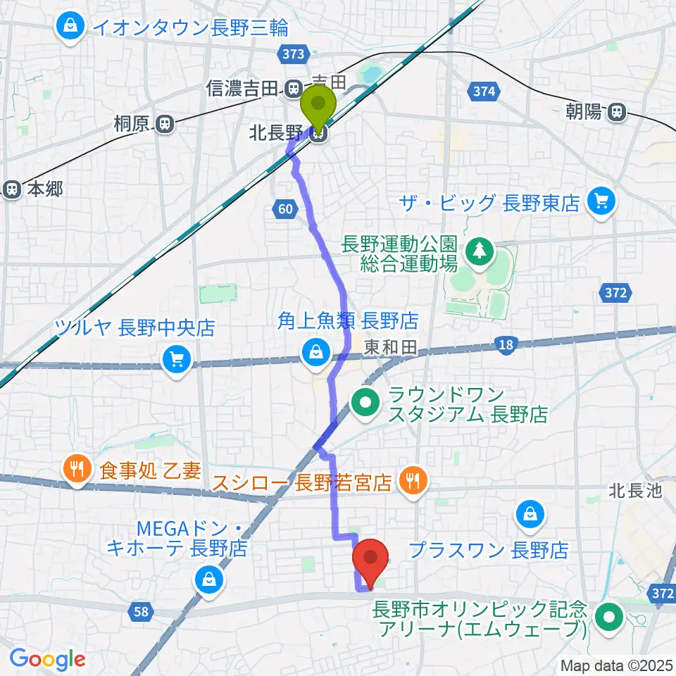 ヒオキ楽器 ユニスタイル長野東センターの最寄駅北長野駅からの徒歩ルート（約41分）地図