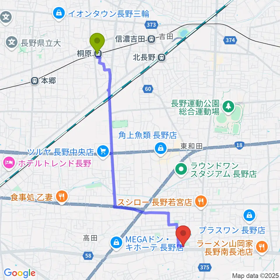 桐原駅からヒオキ楽器 ユニスタイル長野東センターへのルートマップ地図