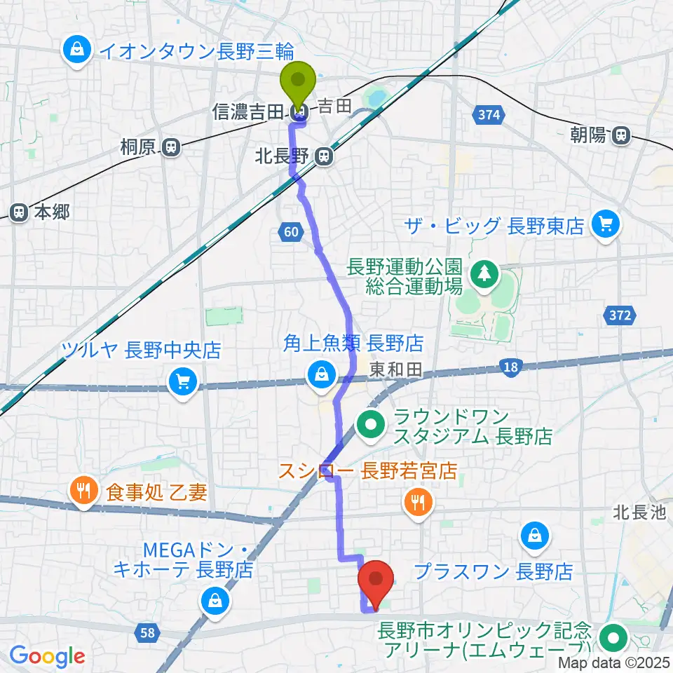 信濃吉田駅からヒオキ楽器 ユニスタイル長野東センターへのルートマップ地図