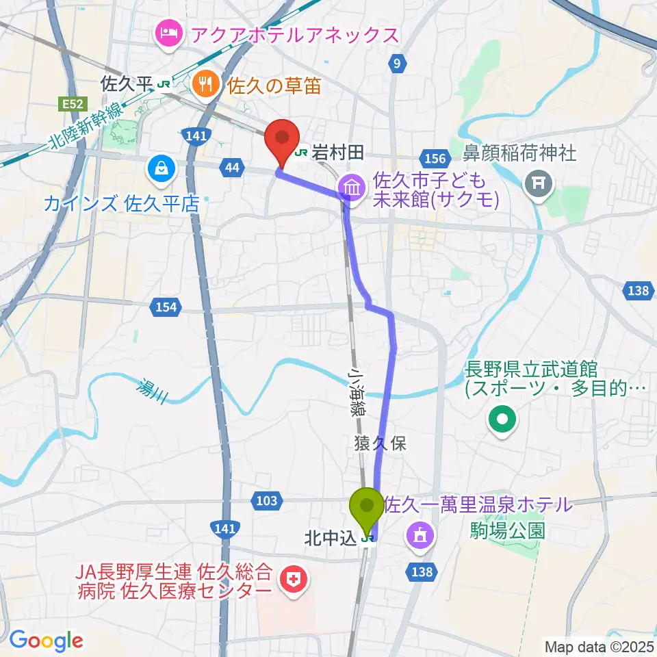 北中込駅からヒオキ楽器 佐久平センターへのルートマップ地図