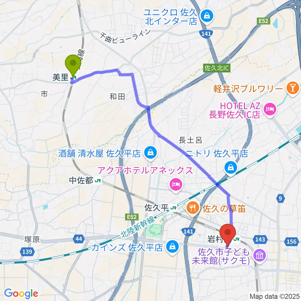 美里駅からヒオキ楽器 佐久平センターへのルートマップ地図