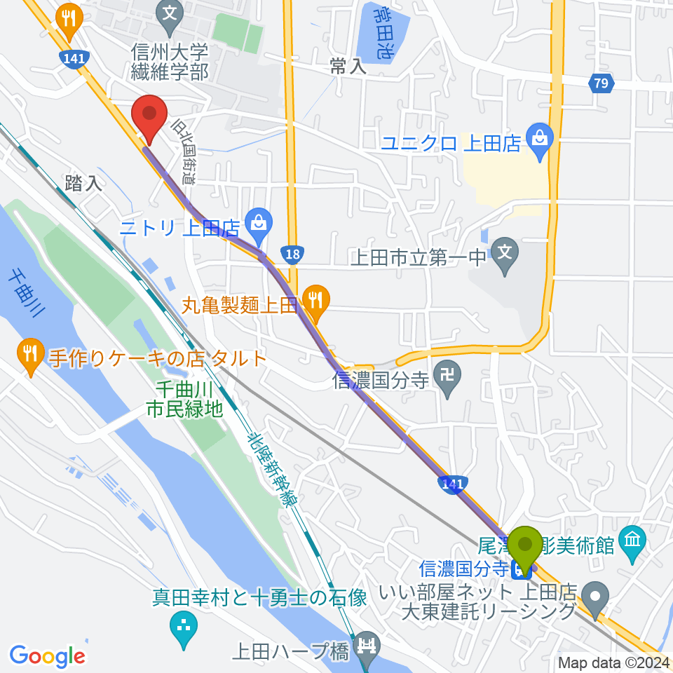 信濃国分寺駅からヒオキ楽器 ユニスタイル上田センターへのルートマップ地図