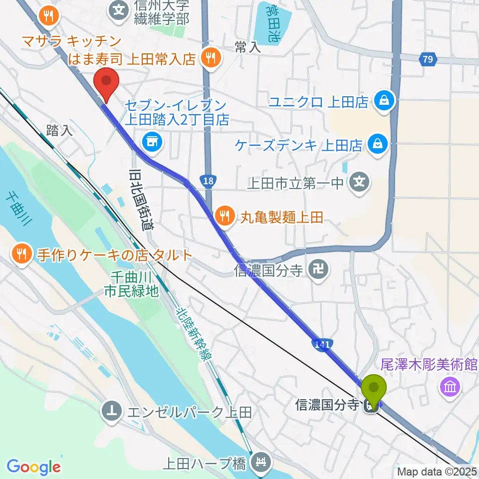 信濃国分寺駅からヒオキ楽器 ユニスタイル上田センターへのルートマップ地図