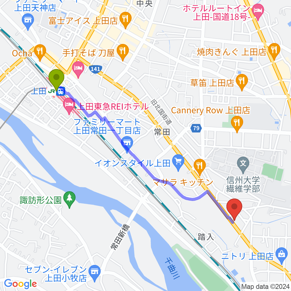 ヒオキ楽器 ユニスタイル上田センターの最寄駅上田駅からの徒歩ルート（約23分）地図