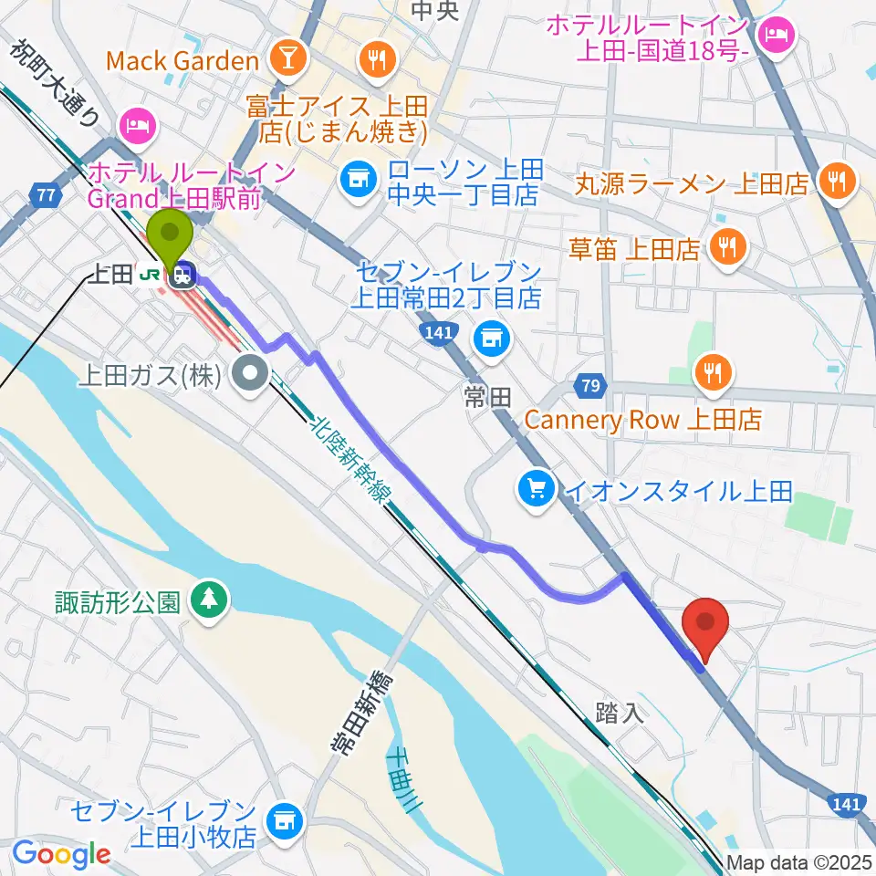 ヒオキ楽器 ユニスタイル上田センターの最寄駅上田駅からの徒歩ルート（約23分）地図
