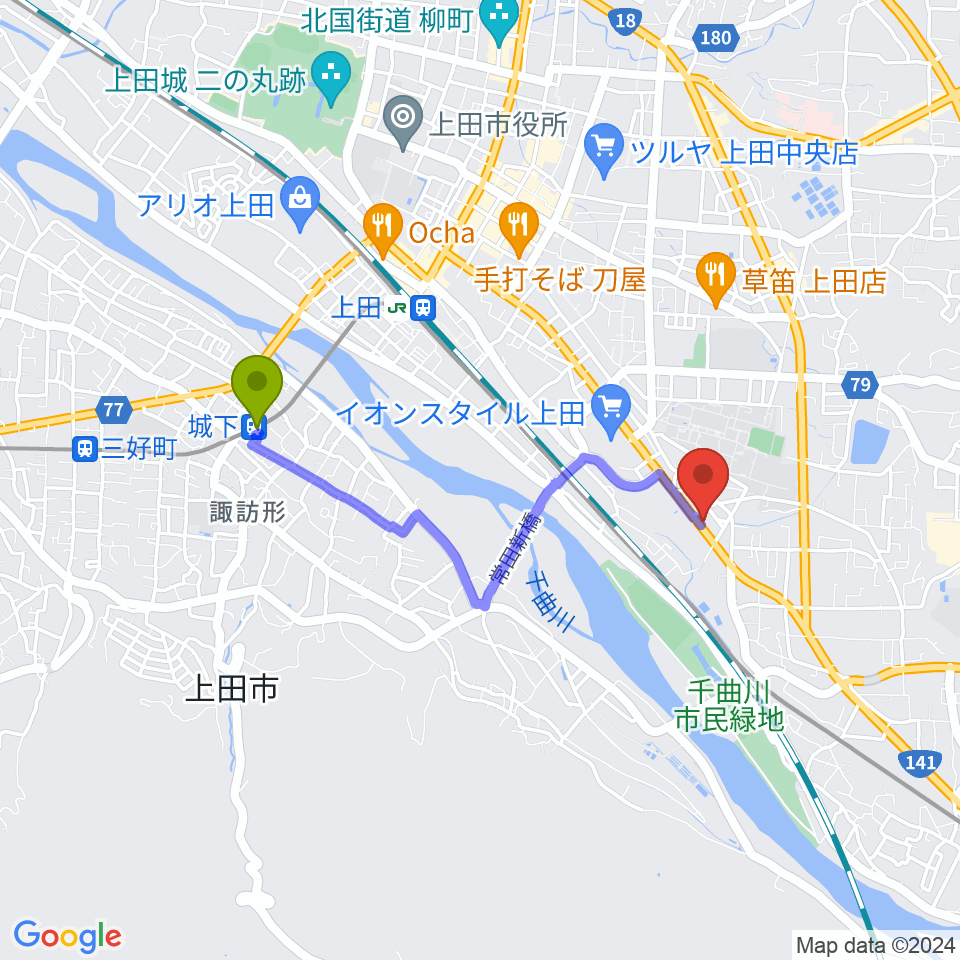 城下駅からヒオキ楽器 ユニスタイル上田センターへのルートマップ地図