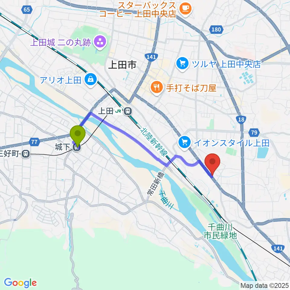 城下駅からヒオキ楽器 ユニスタイル上田センターへのルートマップ地図