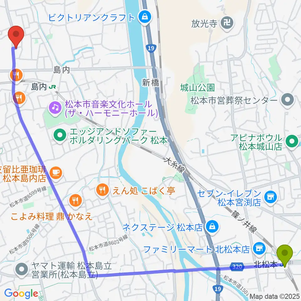 北松本駅からミュージックプラザオグチ島内店へのルートマップ地図