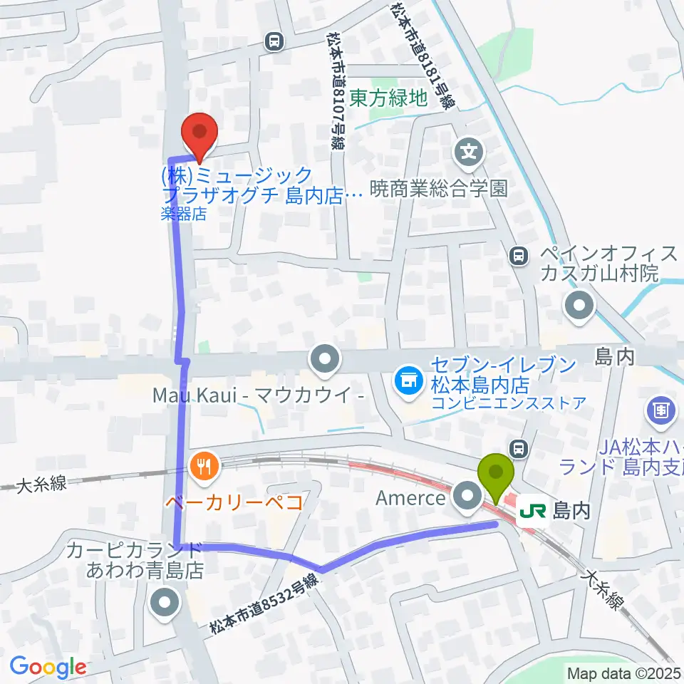 ミュージックプラザオグチ島内店の最寄駅島内駅からの徒歩ルート（約5分）地図