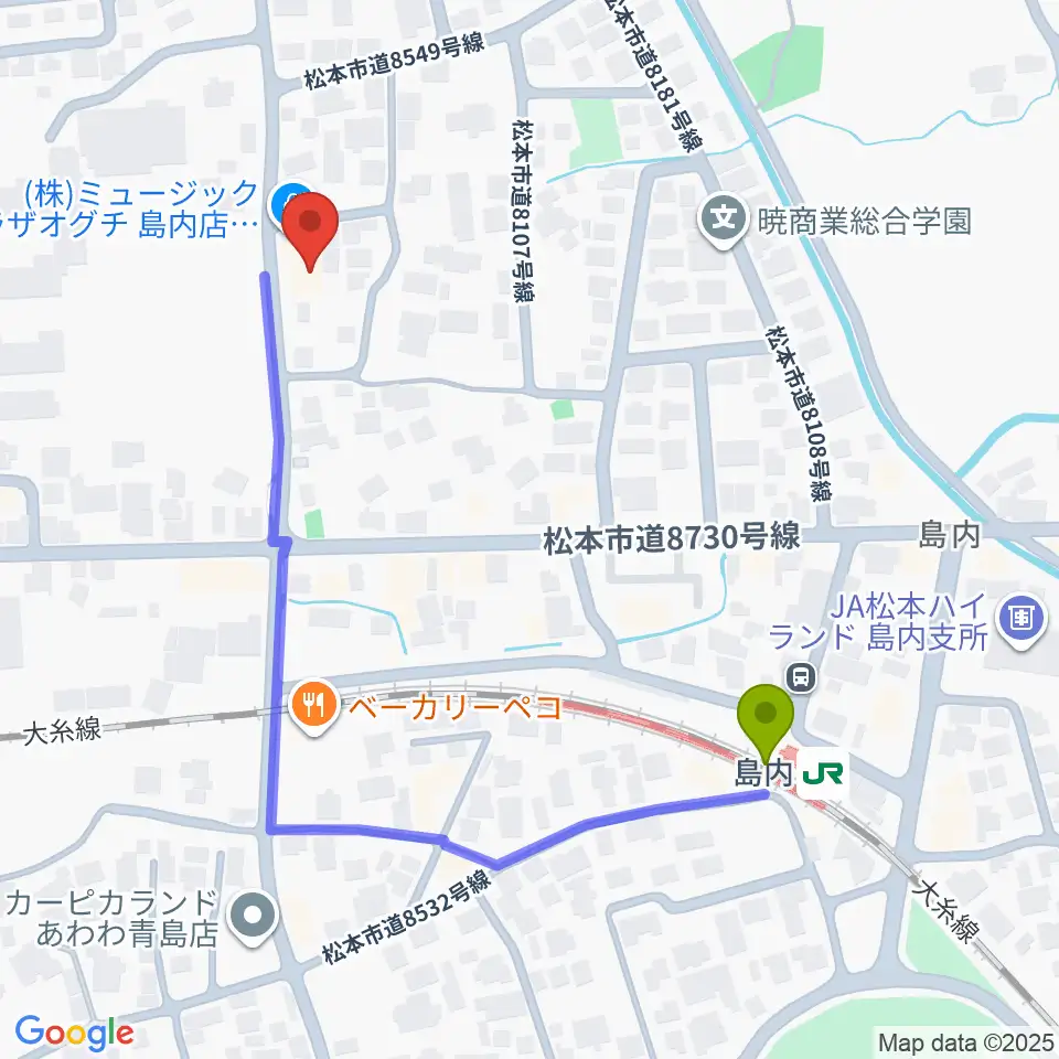 ミュージックプラザオグチ島内店の最寄駅島内駅からの徒歩ルート（約5分）地図