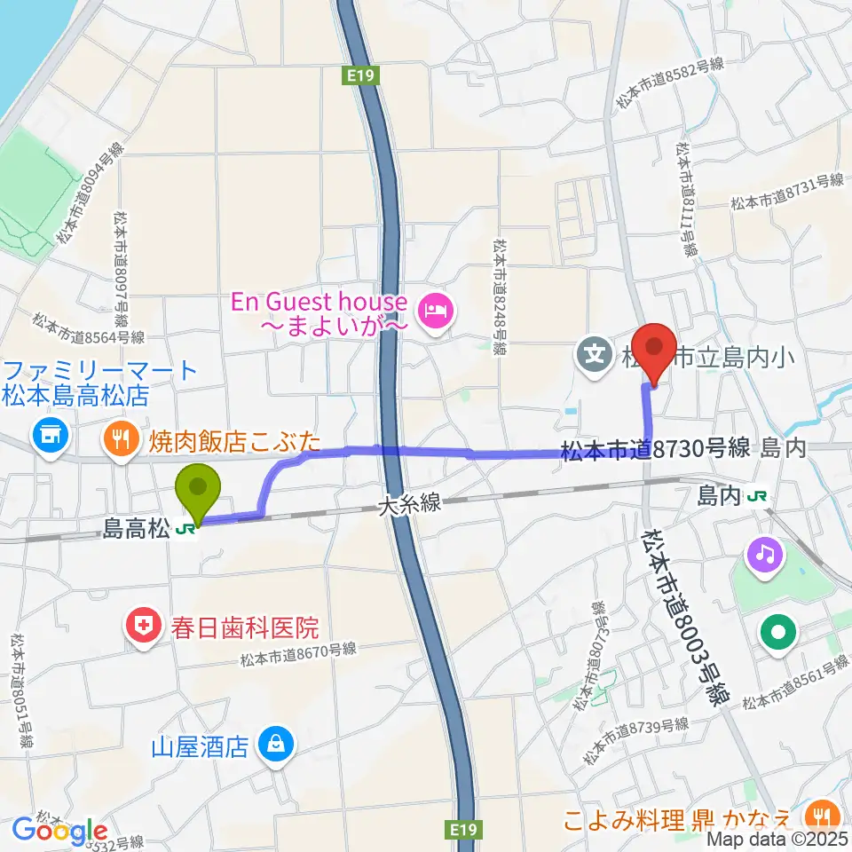 島高松駅からミュージックプラザオグチ島内店へのルートマップ地図
