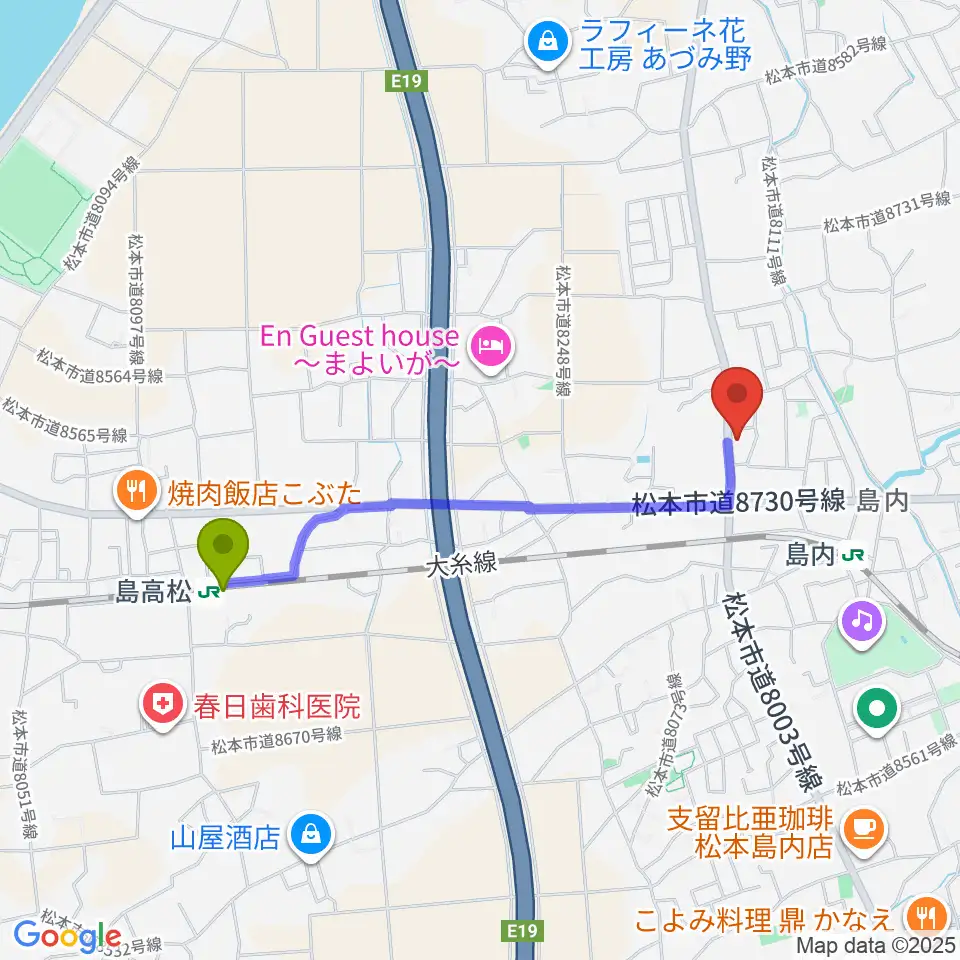 島高松駅からミュージックプラザオグチ島内店へのルートマップ地図