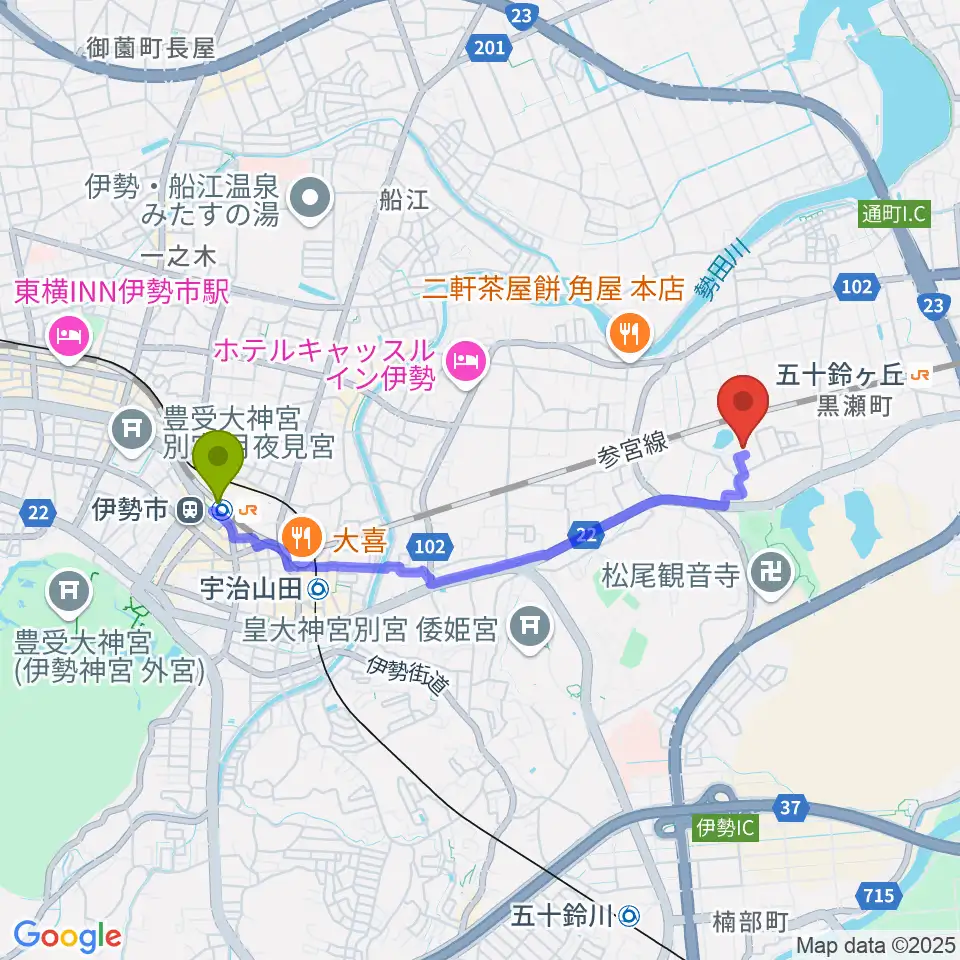伊勢市駅からいせトピアへのルートマップ地図