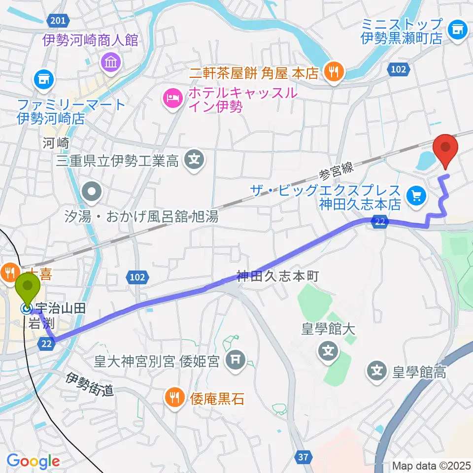 宇治山田駅からいせトピアへのルートマップ地図