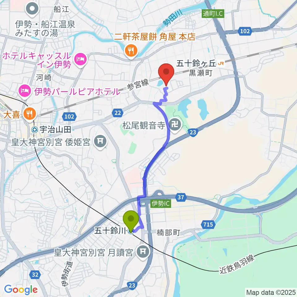 五十鈴川駅からいせトピアへのルートマップ地図