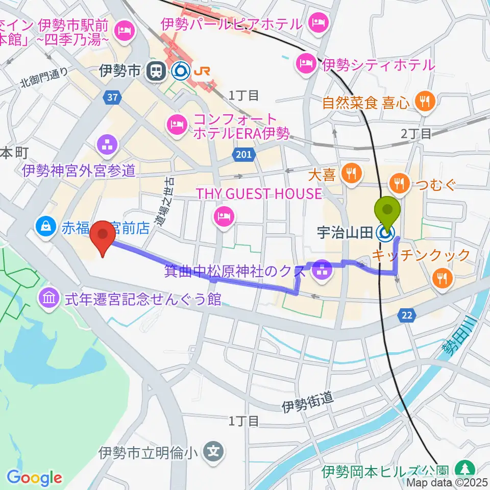 宇治山田駅からいせシティプラザへのルートマップ地図