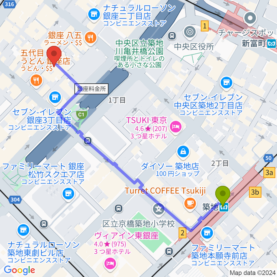 築地駅から銀座ミスターオールディーズへのルートマップ地図