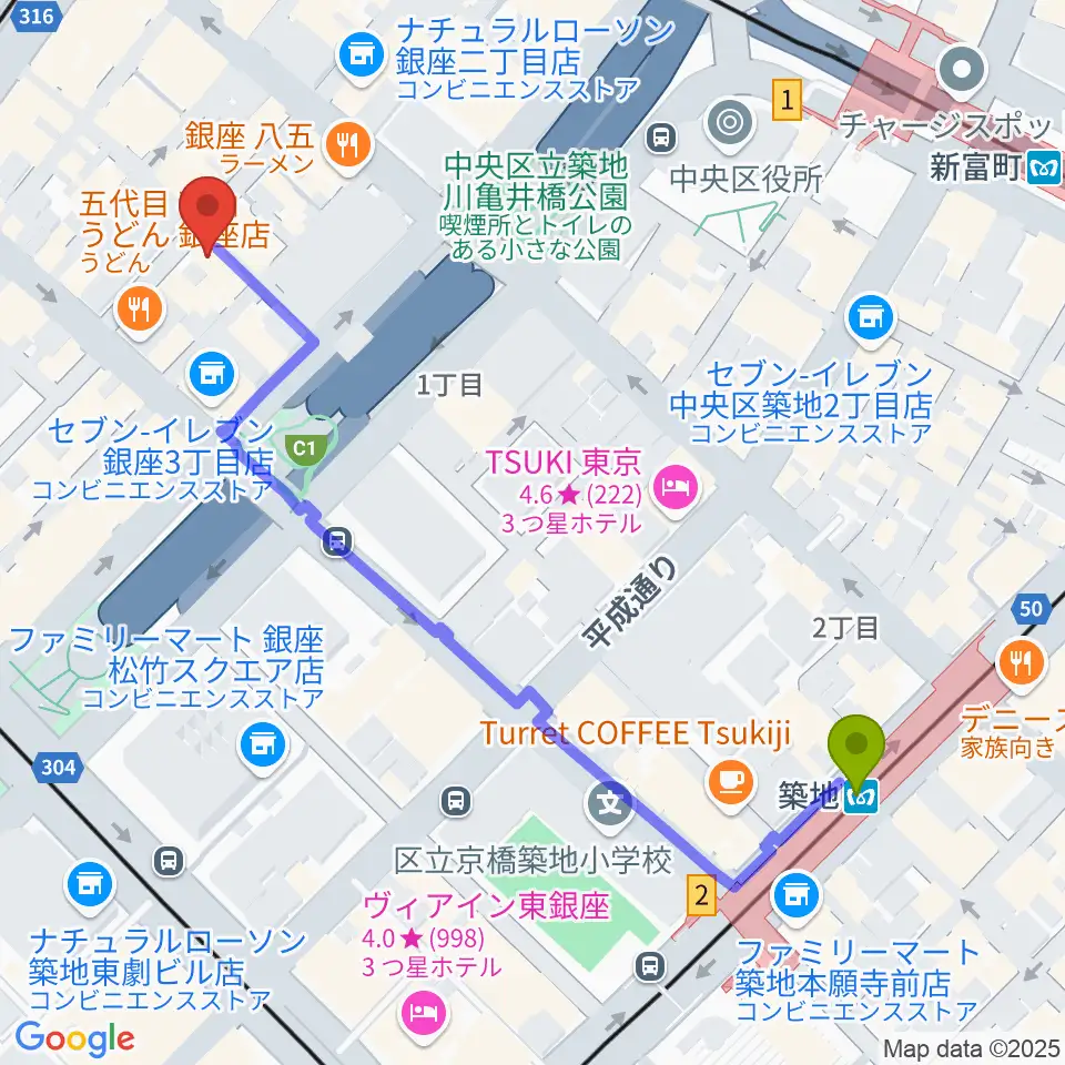 築地駅から銀座ミスターオールディーズへのルートマップ地図