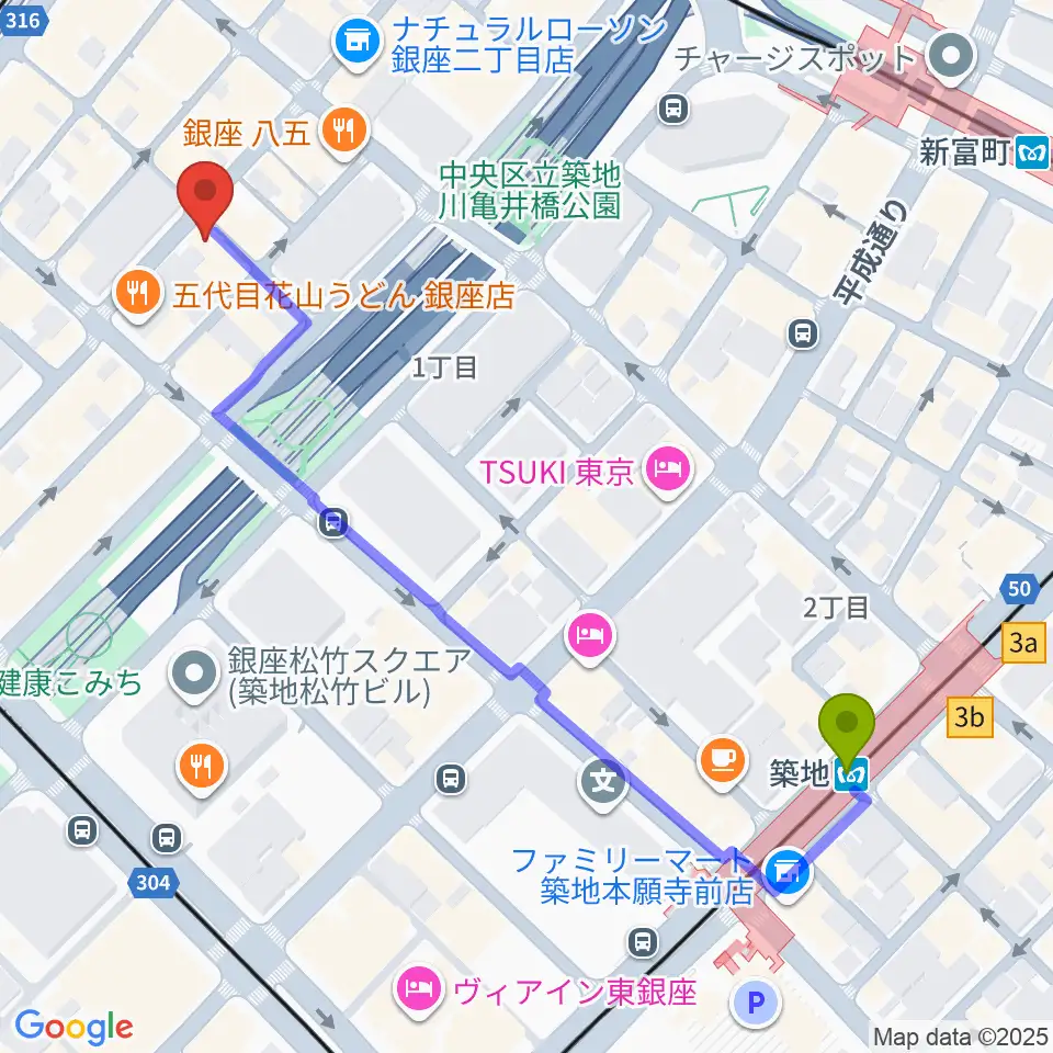 築地駅から銀座ミスターオールディーズへのルートマップ地図