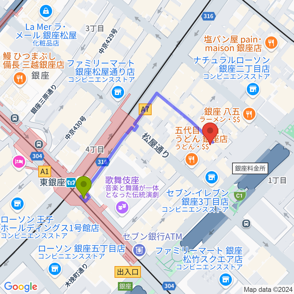 銀座ミスターオールディーズの最寄駅東銀座駅からの徒歩ルート（約4分）地図