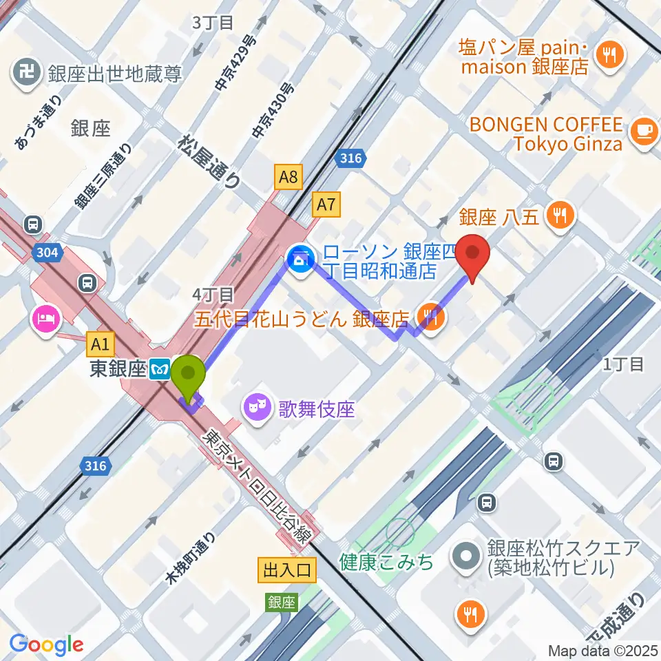 銀座ミスターオールディーズの最寄駅東銀座駅からの徒歩ルート（約4分）地図