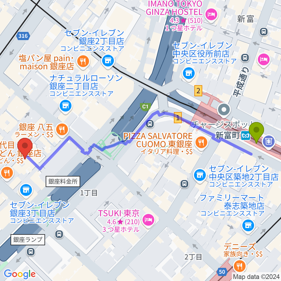 新富町駅から銀座ミスターオールディーズへのルートマップ地図