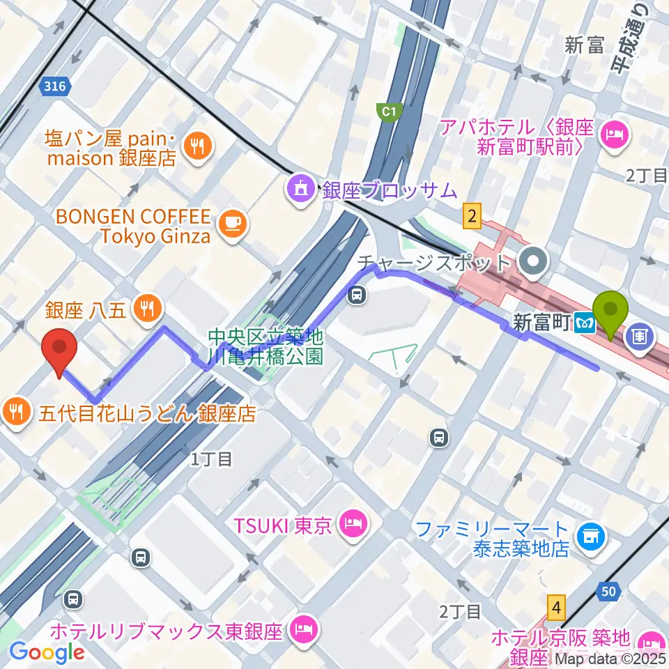 新富町駅から銀座ミスターオールディーズへのルートマップ地図