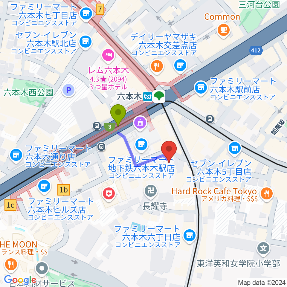 六本木ノチェーロの最寄駅六本木駅からの徒歩ルート（約2分）地図