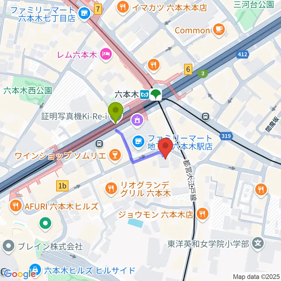 六本木ノチェーロの最寄駅六本木駅からの徒歩ルート（約2分）地図