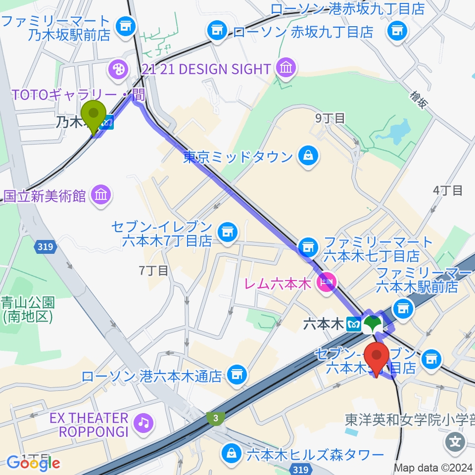 乃木坂駅から六本木ノチェーロへのルートマップ地図