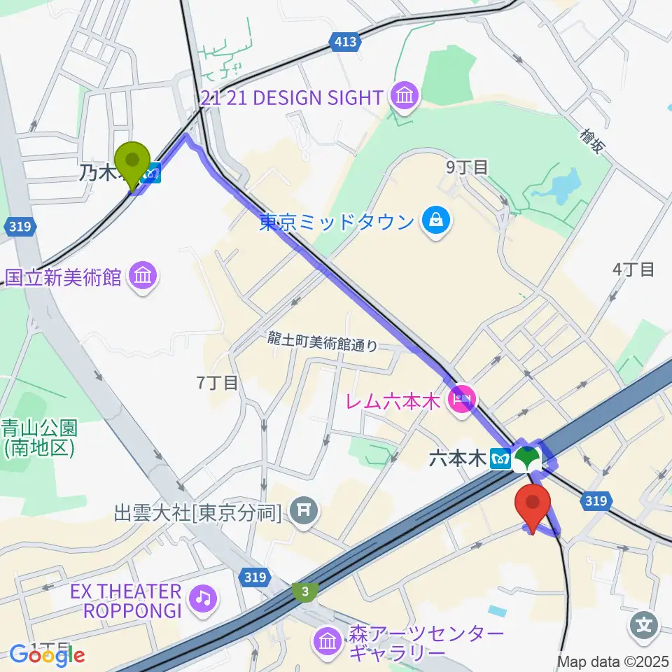 乃木坂駅から六本木ノチェーロへのルートマップ地図