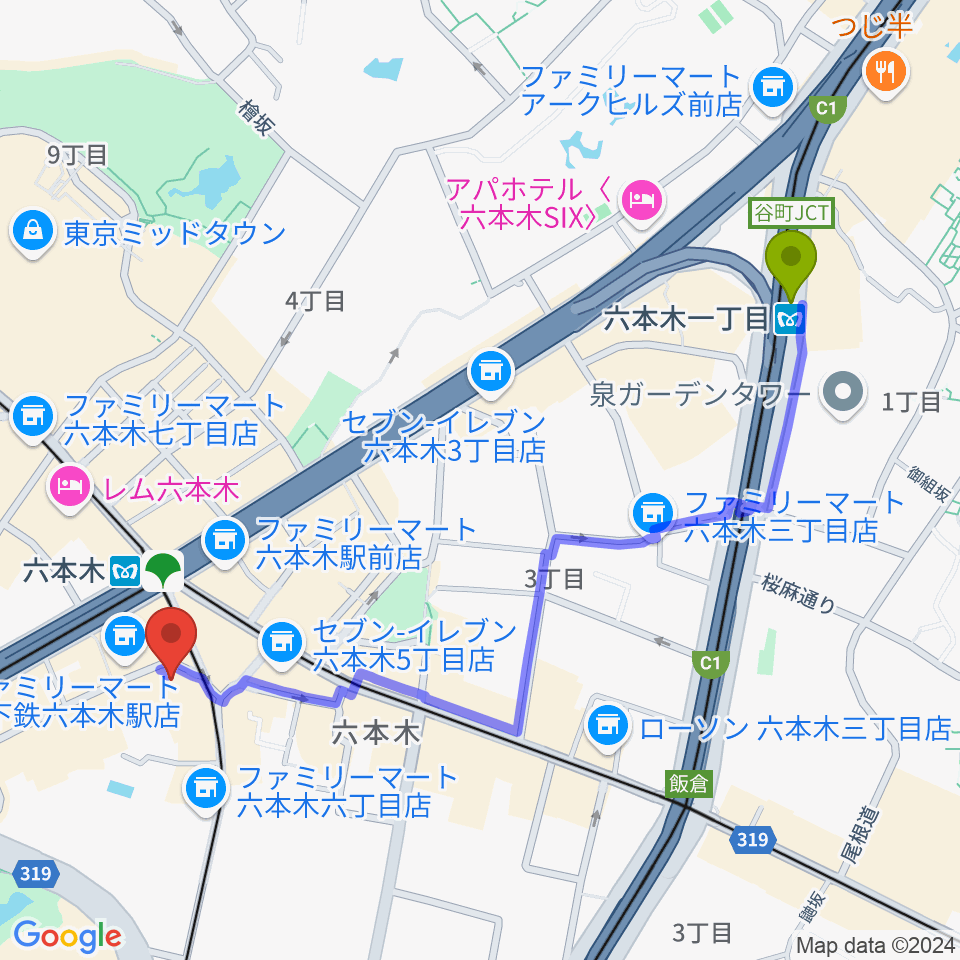 六本木一丁目駅から六本木ノチェーロへのルートマップ地図