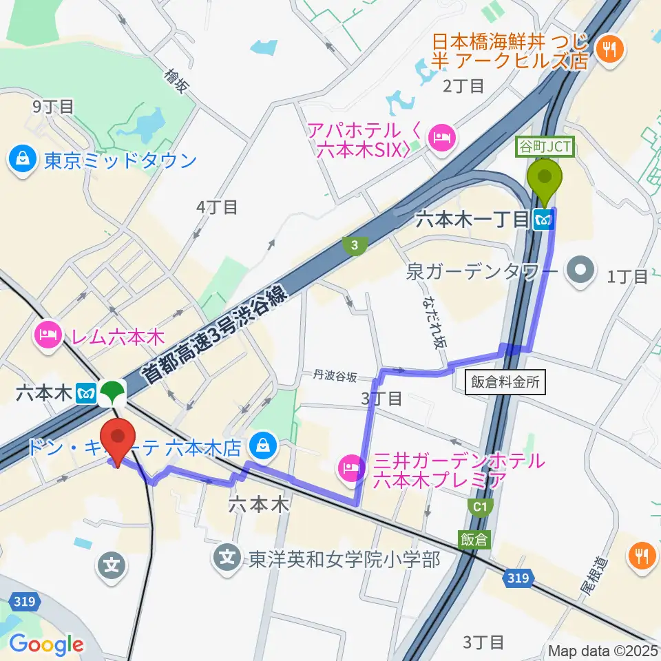 六本木一丁目駅から六本木ノチェーロへのルートマップ地図