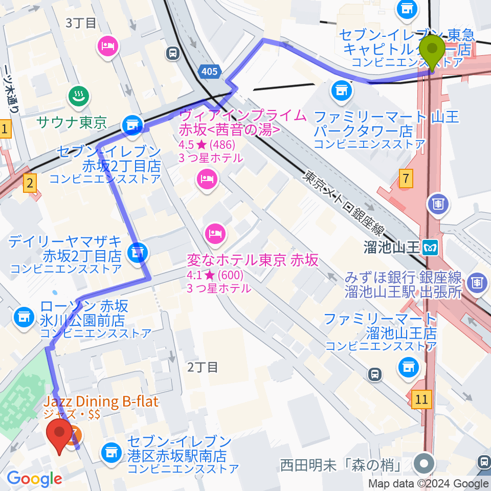 溜池山王駅から赤坂B flatへのルートマップ地図