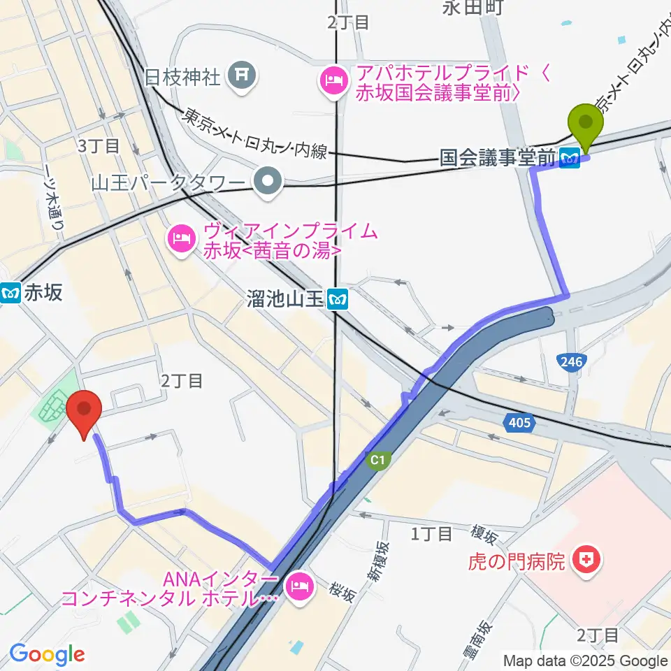 国会議事堂前駅から赤坂B flatへのルートマップ地図