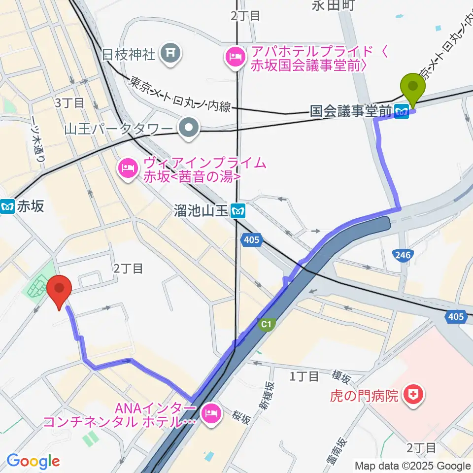 国会議事堂前駅から赤坂B flatへのルートマップ地図