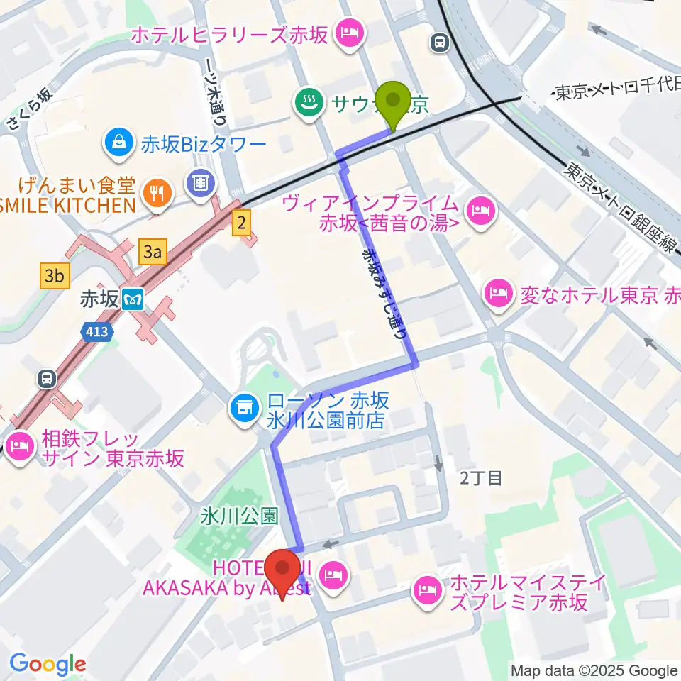 赤坂B flatの最寄駅赤坂駅からの徒歩ルート（約5分）地図