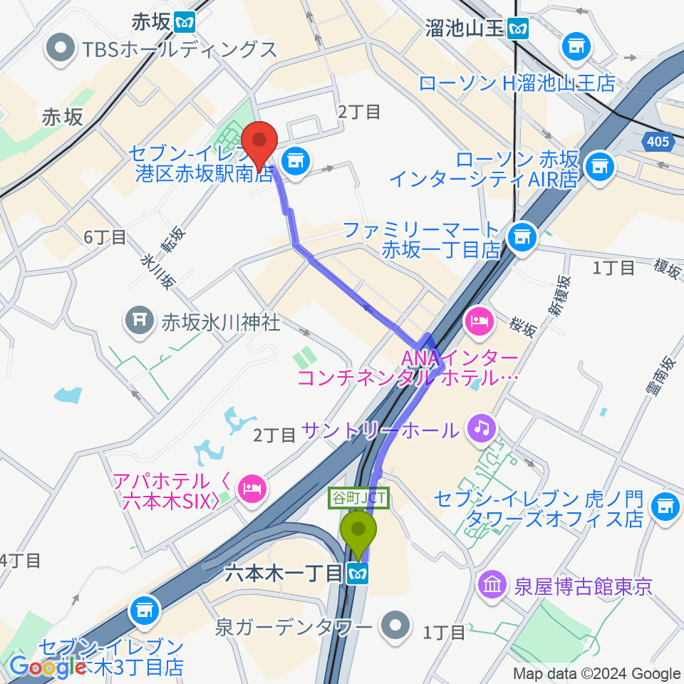 六本木一丁目駅から赤坂B flatへのルートマップ地図